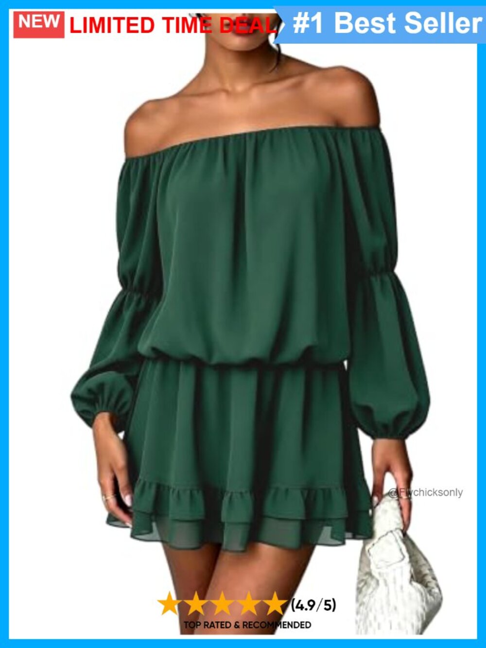 Chiffon Off Shoulder Mini Dress Long Puff Sleeve Ruffle Smocked Waist